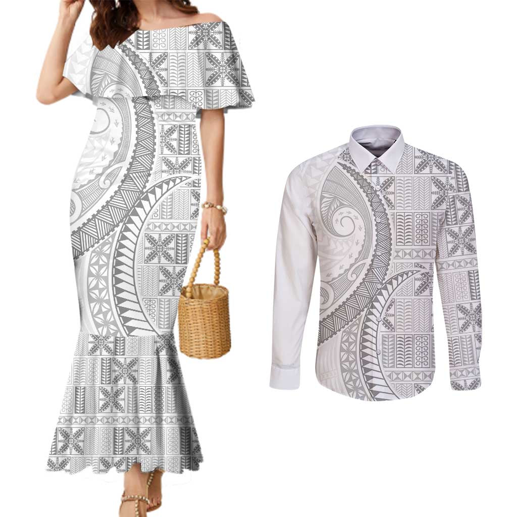 Niue White Sunday Couples Matching Mermaid Dress and Long Sleeve Button Shirt Niuean Lotu Tamaiti Hiapo Pattern - Polynesian Pride