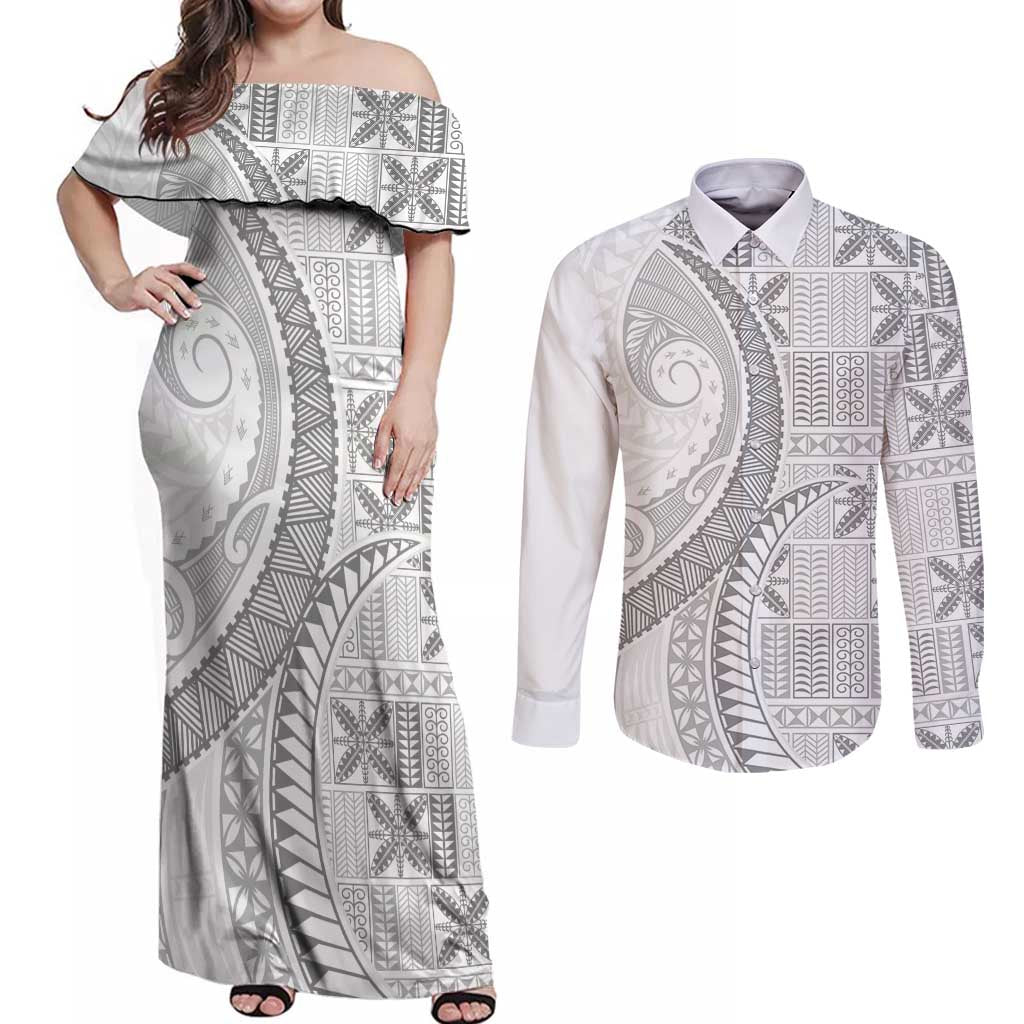 Niue White Sunday Couples Matching Off Shoulder Maxi Dress and Long Sleeve Button Shirt Niuean Lotu Tamaiti Hiapo Pattern - Polynesian Pride