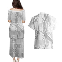 Niue White Sunday Couples Matching Puletasi and Hawaiian Shirt Niuean Lotu Tamaiti Hiapo Pattern - Polynesian Pride
