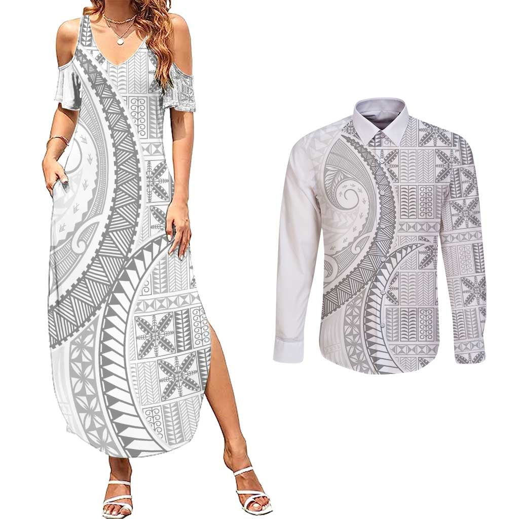 Niue White Sunday Couples Matching Summer Maxi Dress and Long Sleeve Button Shirt Niuean Lotu Tamaiti Hiapo Pattern - Polynesian Pride