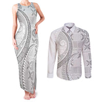 Niue White Sunday Couples Matching Tank Maxi Dress and Long Sleeve Button Shirt Niuean Lotu Tamaiti Hiapo Pattern - Polynesian Pride