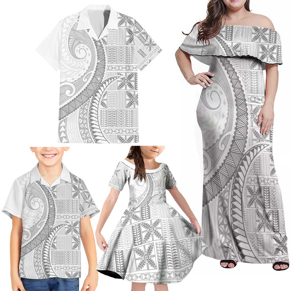 Niue White Sunday Family Matching Off Shoulder Maxi Dress and Hawaiian Shirt Niuean Lotu Tamaiti Hiapo Pattern - Polynesian Pride