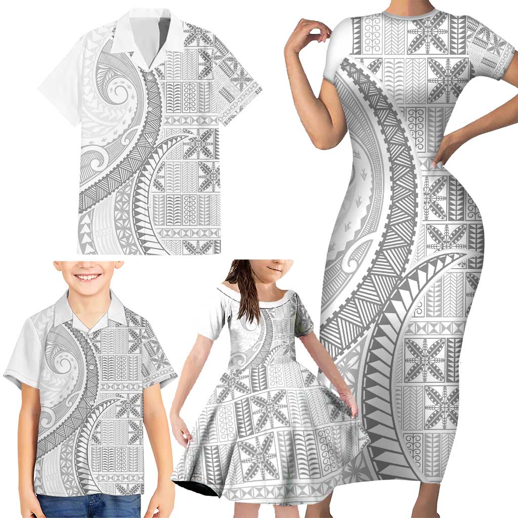 Niue White Sunday Family Matching Short Sleeve Bodycon Dress and Hawaiian Shirt Niuean Lotu Tamaiti Hiapo Pattern - Polynesian Pride