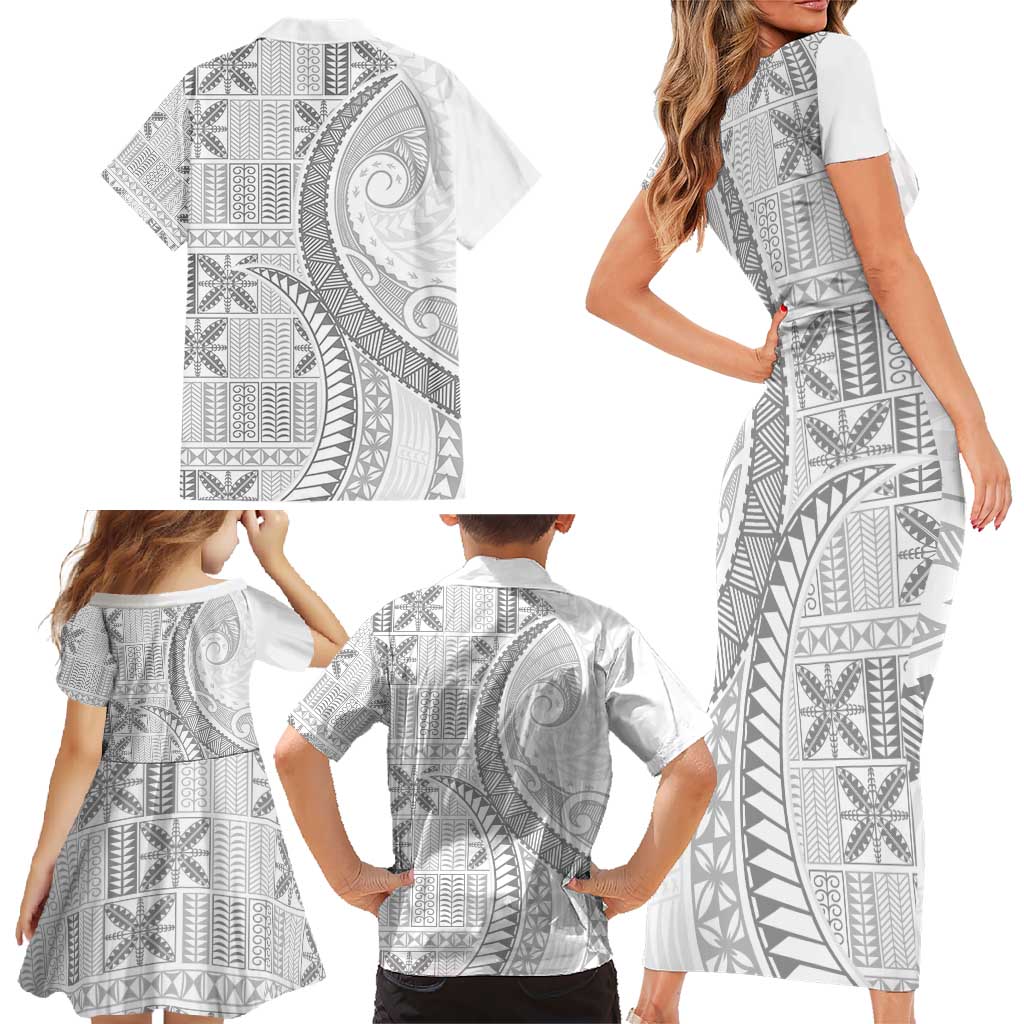 Niue White Sunday Family Matching Short Sleeve Bodycon Dress and Hawaiian Shirt Niuean Lotu Tamaiti Hiapo Pattern - Polynesian Pride