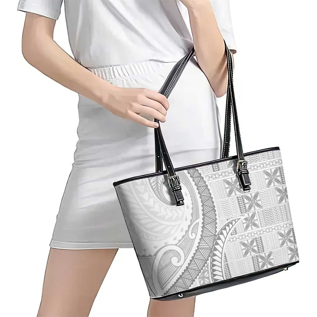 Niue White Sunday Leather Tote Bag Niuean Lotu Tamaiti Hiapo Pattern - Polynesian Pride