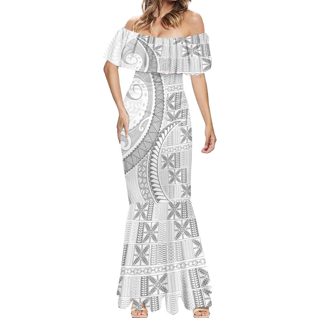 Niue White Sunday Mermaid Dress Niuean Lotu Tamaiti Hiapo Pattern - Polynesian Pride