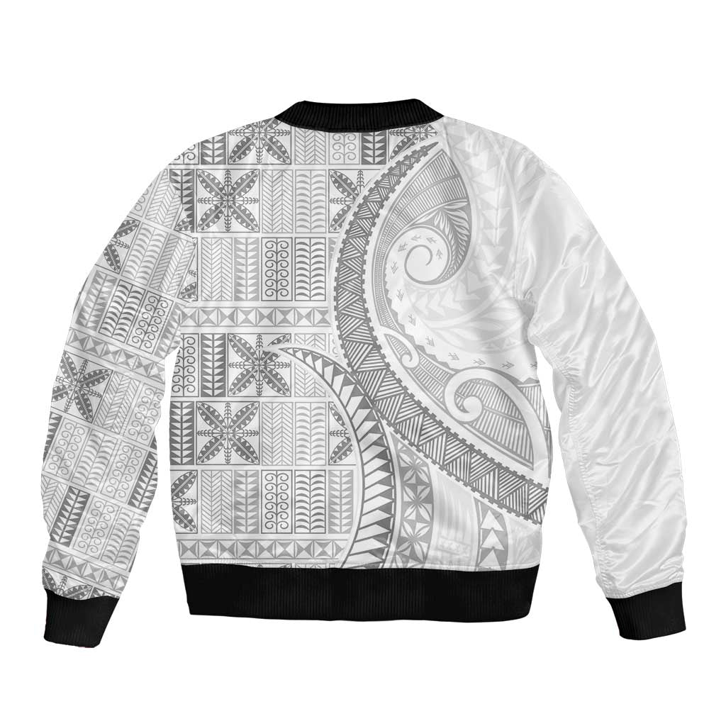Niue White Sunday Sleeve Zip Bomber Jacket Niuean Lotu Tamaiti Hiapo Pattern - Polynesian Pride