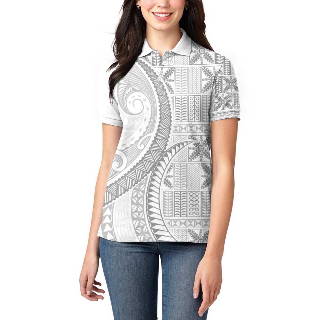 Niue White Sunday Women Polo Shirt Niuean Lotu Tamaiti Hiapo Pattern - Polynesian Pride