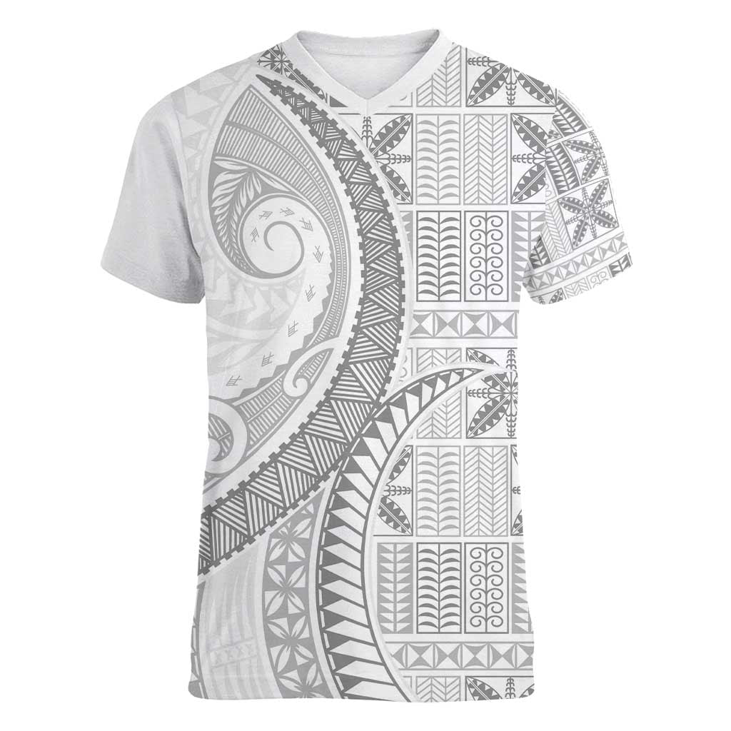 Niue White Sunday Women V-Neck T-Shirt Niuean Lotu Tamaiti Hiapo Pattern - Polynesian Pride