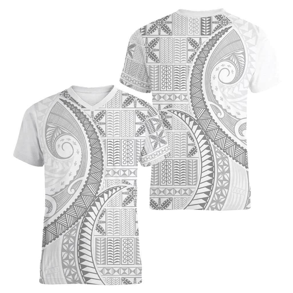 Niue White Sunday Women V-Neck T-Shirt Niuean Lotu Tamaiti Hiapo Pattern - Polynesian Pride
