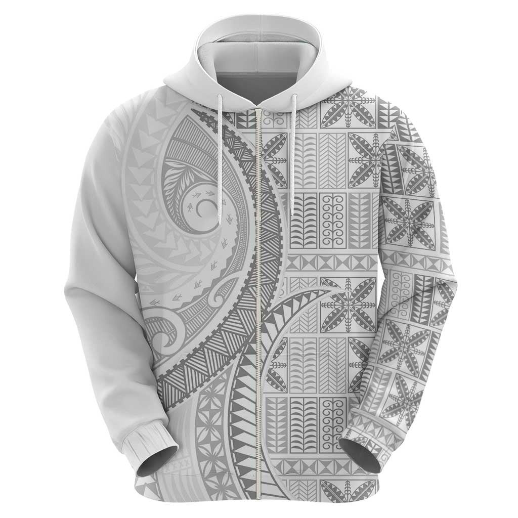 Niue White Sunday Zip Hoodie Niuean Lotu Tamaiti Hiapo Pattern - Polynesian Pride