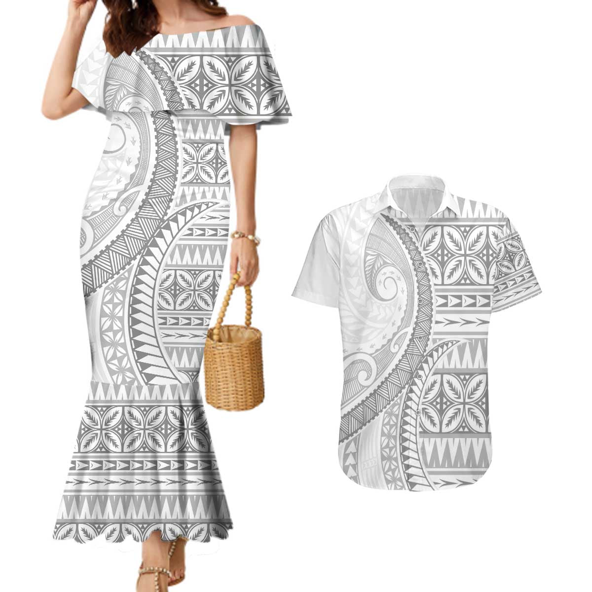 Polynesian White Sunday Couples Matching Mermaid Dress and Hawaiian Shirt Lotu Tamaiti Melanesian Pattern - Polynesian Pride