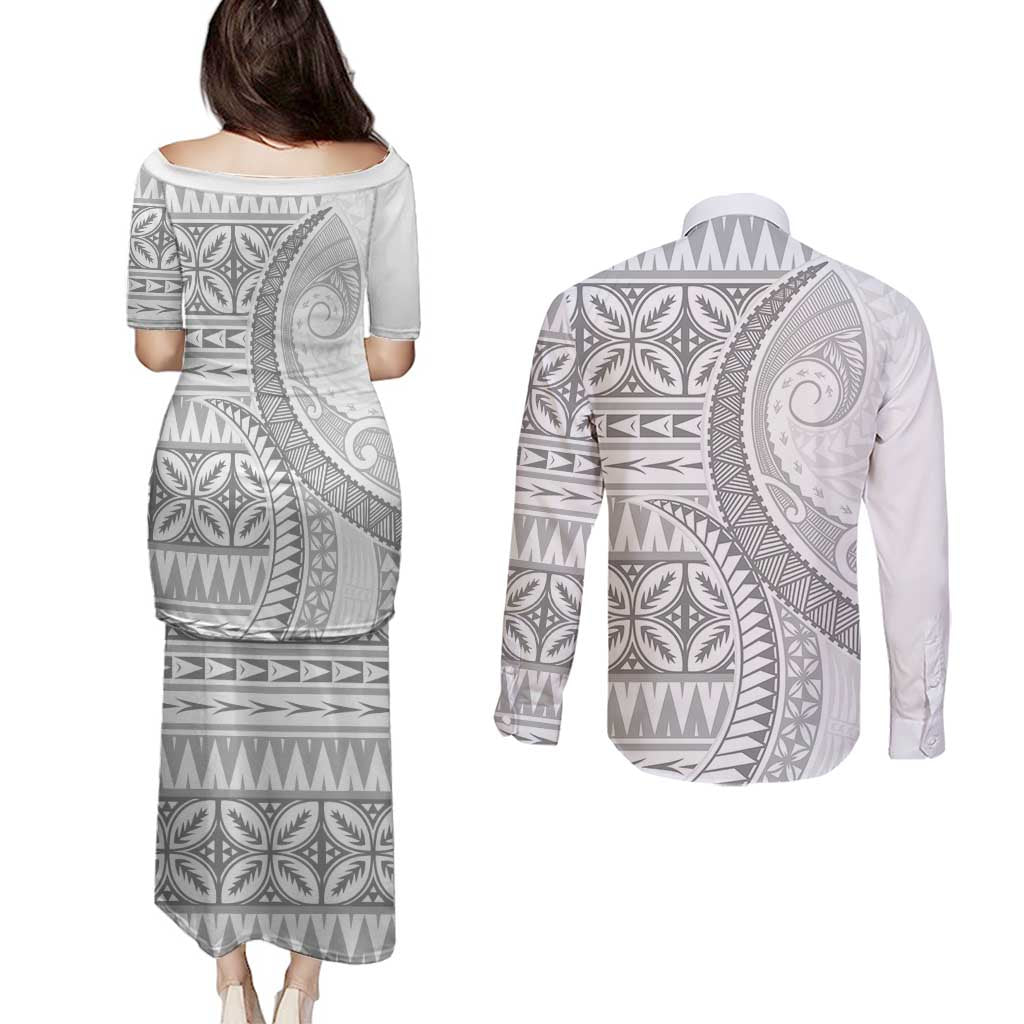 Polynesian White Sunday Couples Matching Puletasi and Long Sleeve Button Shirt Lotu Tamaiti Melanesian Pattern - Polynesian Pride