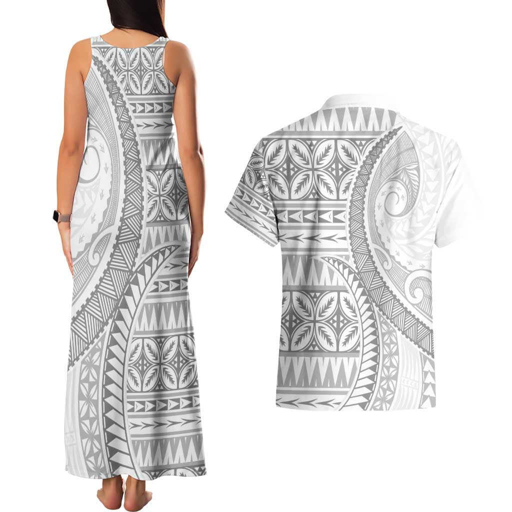 Polynesian White Sunday Couples Matching Tank Maxi Dress and Hawaiian Shirt Lotu Tamaiti Melanesian Pattern - Polynesian Pride
