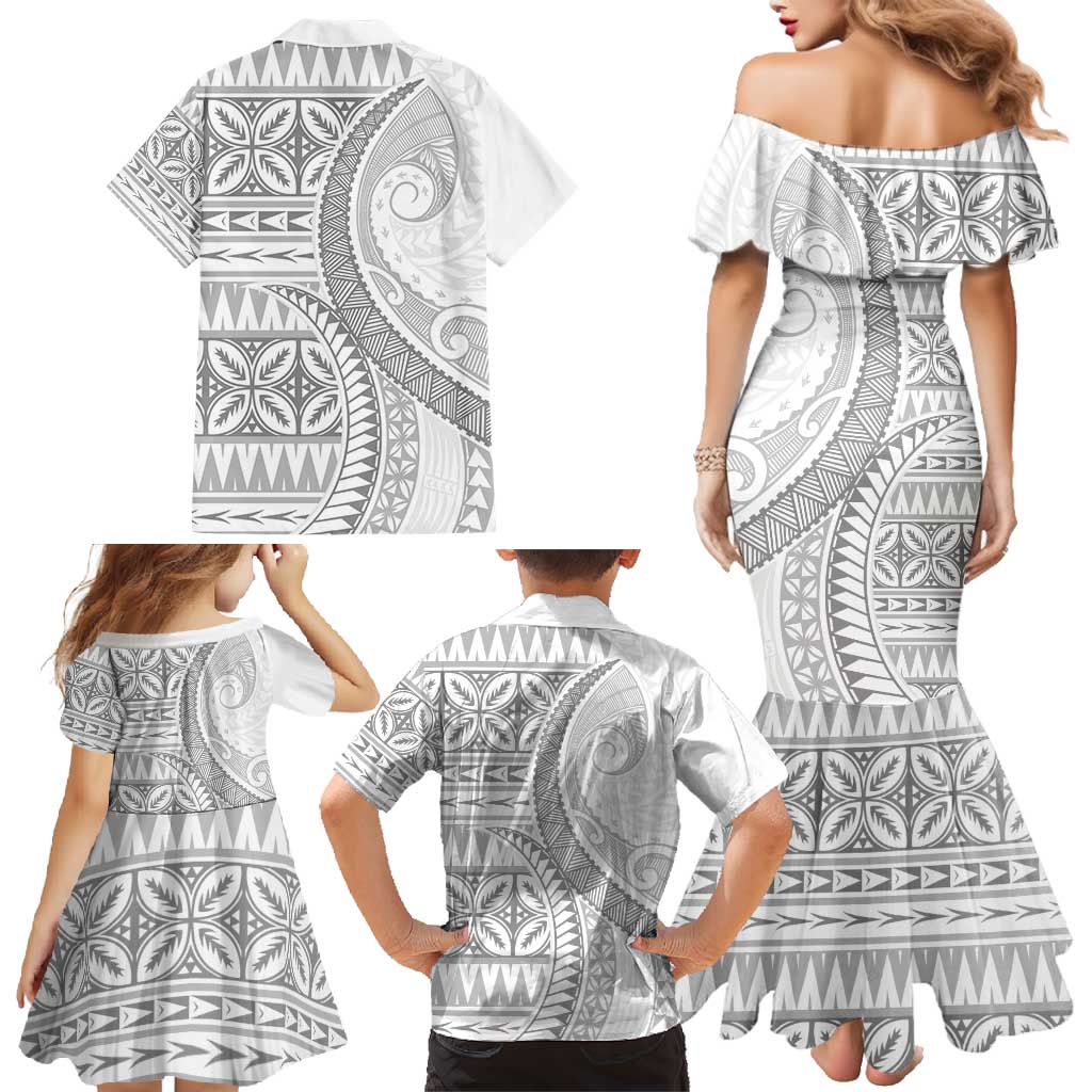 Polynesian White Sunday Family Matching Mermaid Dress and Hawaiian Shirt Lotu Tamaiti Melanesian Pattern - Polynesian Pride