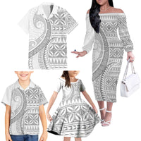 Polynesian White Sunday Family Matching Off The Shoulder Long Sleeve Dress and Hawaiian Shirt Lotu Tamaiti Melanesian Pattern - Polynesian Pride