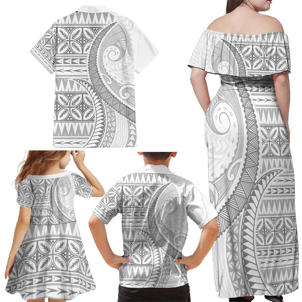Polynesian White Sunday Family Matching Off Shoulder Maxi Dress and Hawaiian Shirt Lotu Tamaiti Melanesian Pattern - Polynesian Pride
