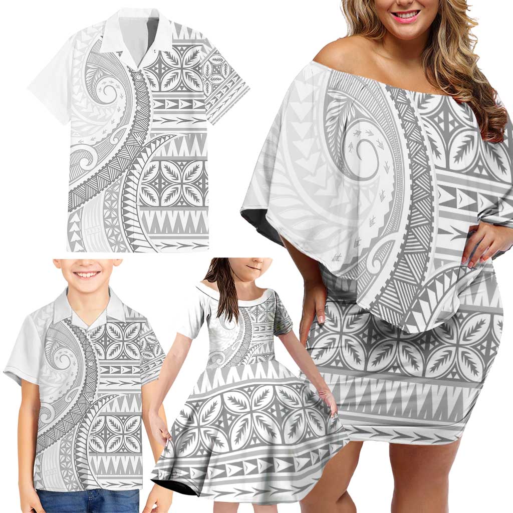 Polynesian White Sunday Family Matching Off Shoulder Short Dress and Hawaiian Shirt Lotu Tamaiti Melanesian Pattern - Polynesian Pride