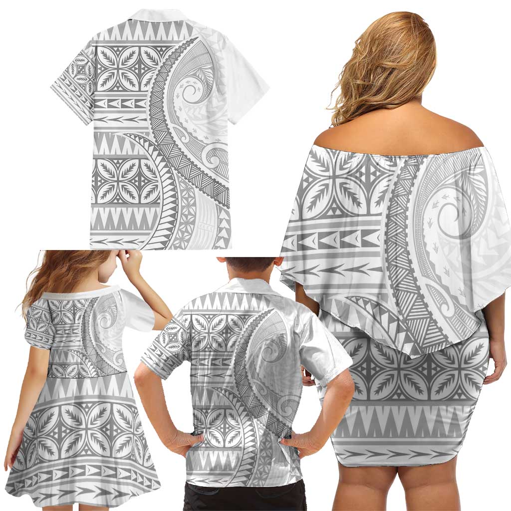 Polynesian White Sunday Family Matching Off Shoulder Short Dress and Hawaiian Shirt Lotu Tamaiti Melanesian Pattern - Polynesian Pride