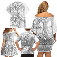 Polynesian White Sunday Family Matching Off Shoulder Short Dress and Hawaiian Shirt Lotu Tamaiti Melanesian Pattern - Polynesian Pride