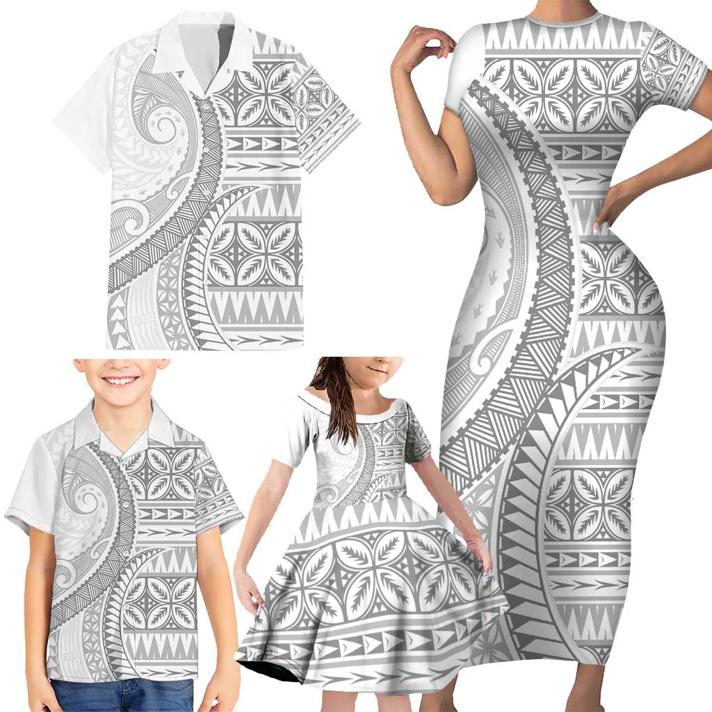 Polynesian White Sunday Family Matching Short Sleeve Bodycon Dress and Hawaiian Shirt Lotu Tamaiti Melanesian Pattern - Polynesian Pride