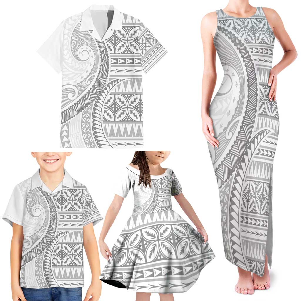Polynesian White Sunday Family Matching Tank Maxi Dress and Hawaiian Shirt Lotu Tamaiti Melanesian Pattern - Polynesian Pride