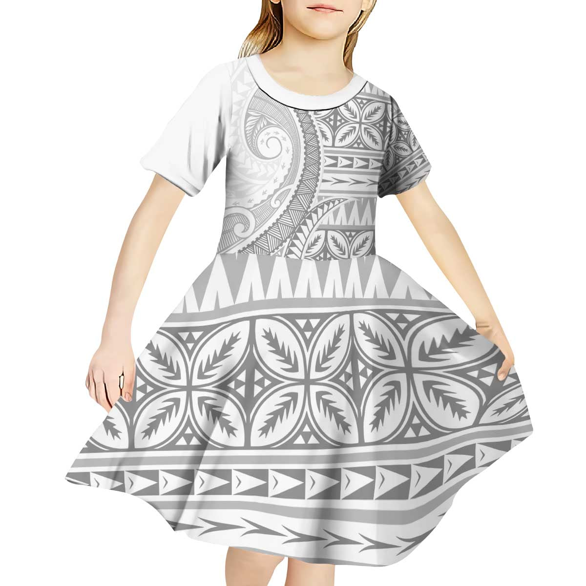 Polynesian White Sunday Kid Short Sleeve Dress Lotu Tamaiti Melanesian Pattern LT9 - Polynesian Pride