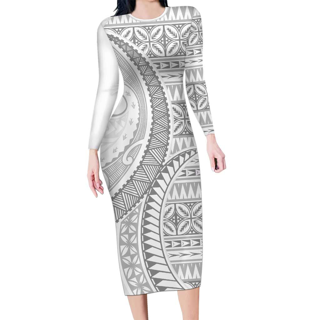 Polynesian White Sunday Long Sleeve Bodycon Dress Lotu Tamaiti Melanesian Pattern - Polynesian Pride