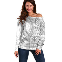 Polynesian White Sunday Off Shoulder Sweater Lotu Tamaiti Melanesian Pattern - Polynesian Pride