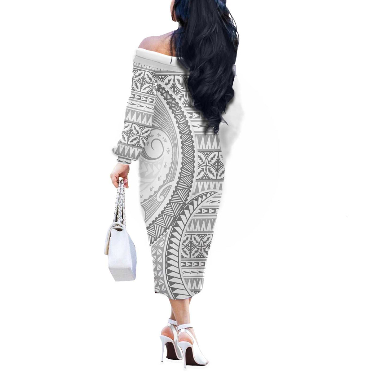 Polynesian White Sunday Off The Shoulder Long Sleeve Dress Lotu Tamaiti Melanesian Pattern - Polynesian Pride