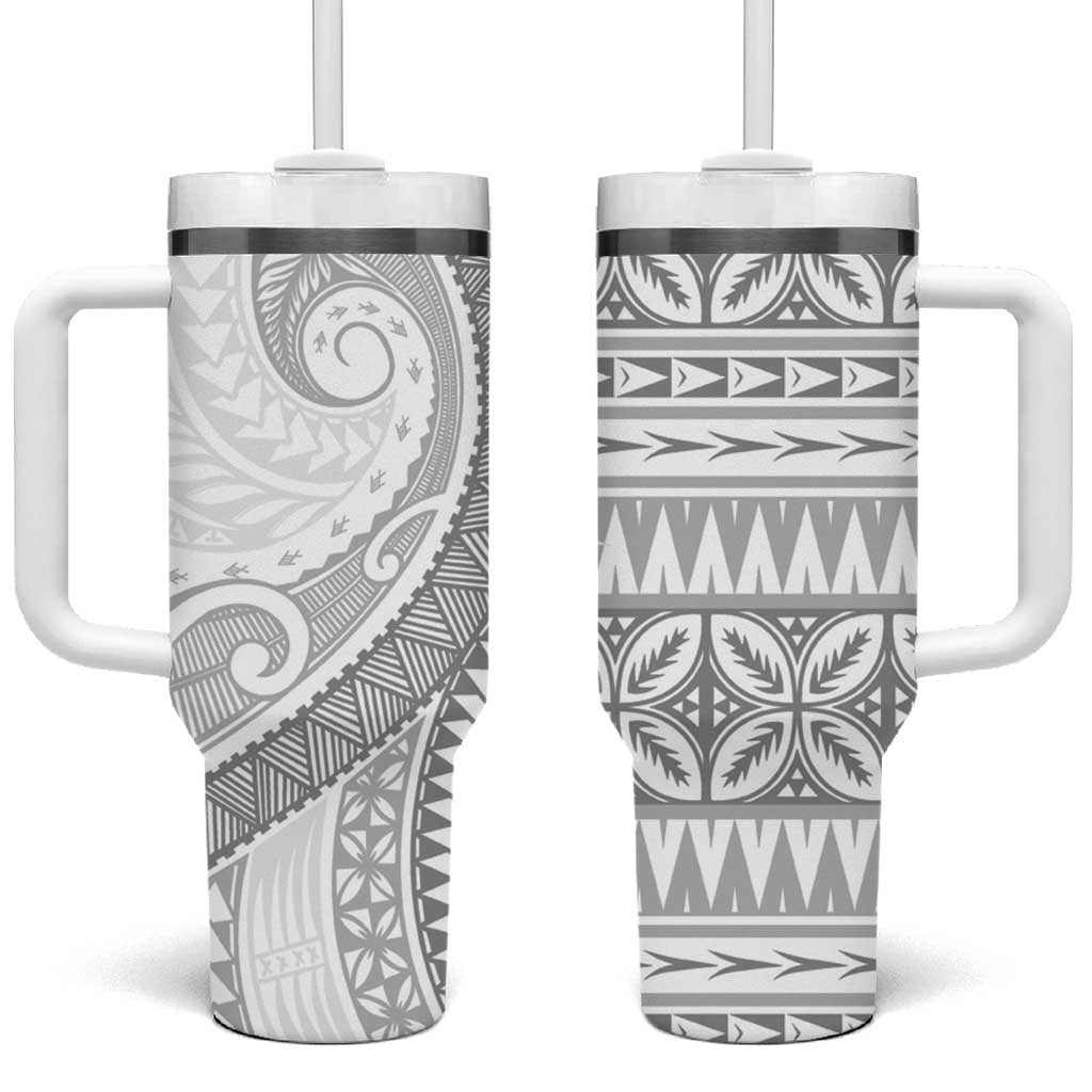 Polynesian White Sunday Tumbler With Handle Lotu Tamaiti Melanesian Pattern - Polynesian Pride