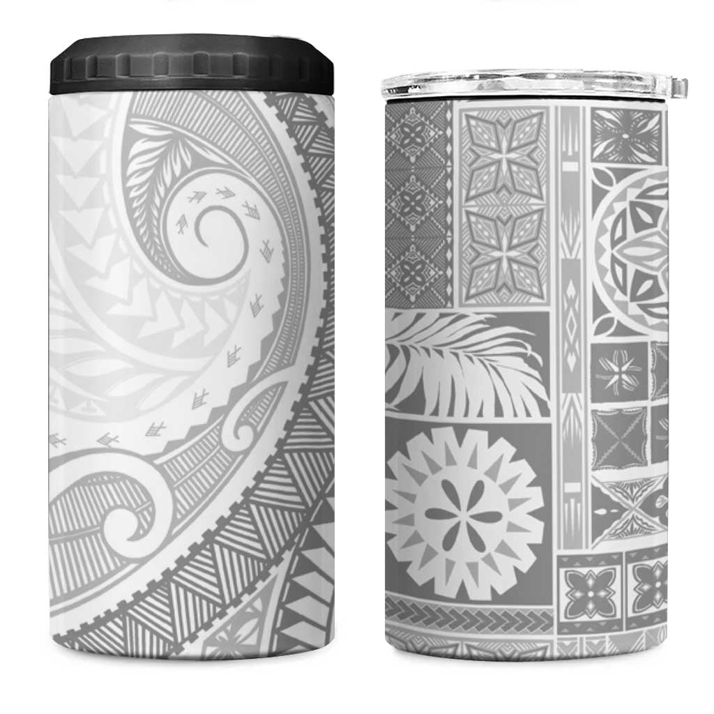 Samoa Siapo White Sunday 4 in 1 Can Cooler Tumbler Lotu Tamaiti Polynesian White Pattern - Polynesian Pride