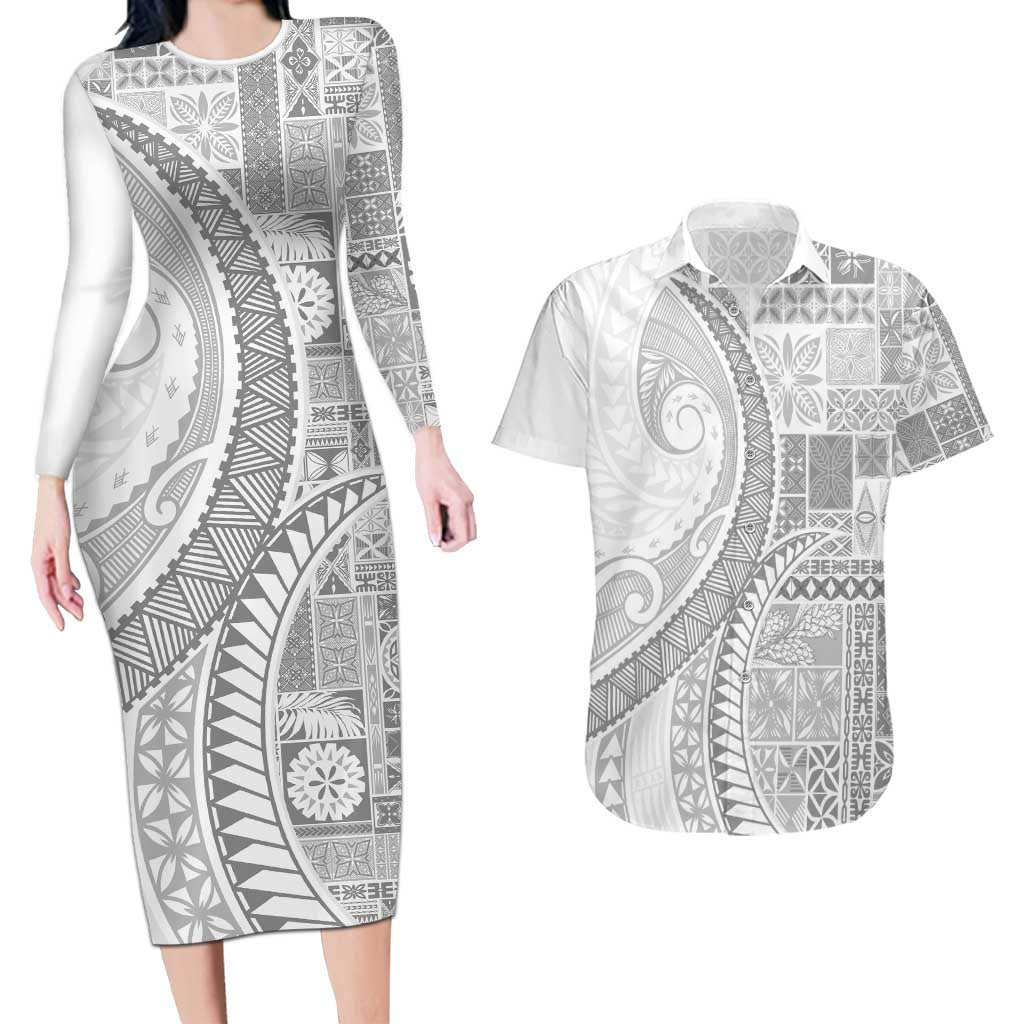 Samoa Siapo White Sunday Couples Matching Long Sleeve Bodycon Dress and Hawaiian Shirt Lotu Tamaiti Polynesian White Pattern - Polynesian Pride
