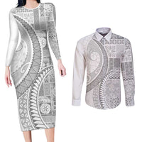 Samoa Siapo White Sunday Couples Matching Long Sleeve Bodycon Dress and Long Sleeve Button Shirt Lotu Tamaiti Polynesian White Pattern - Polynesian Pride