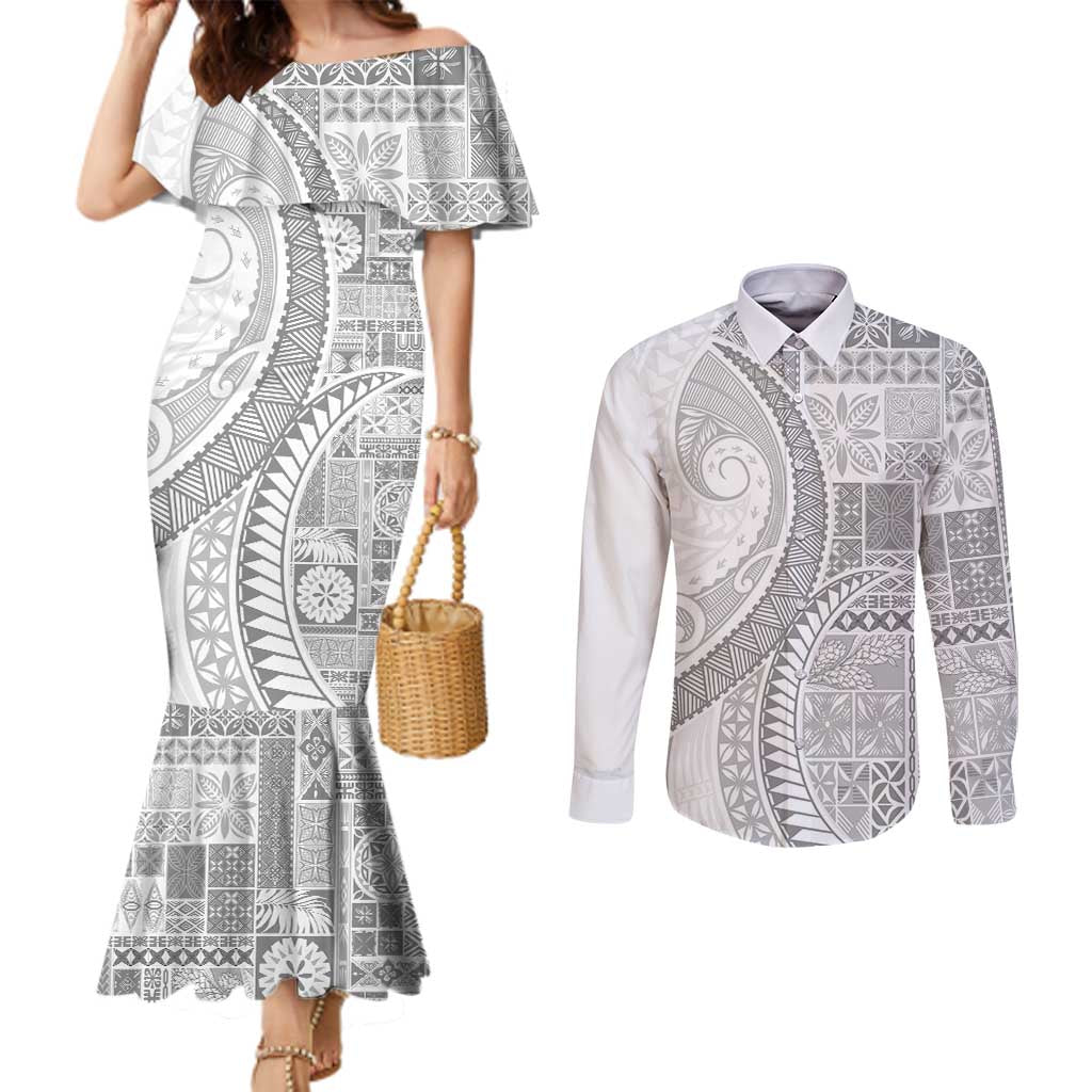 Samoa Siapo White Sunday Couples Matching Mermaid Dress and Long Sleeve Button Shirt Lotu Tamaiti Polynesian White Pattern - Polynesian Pride