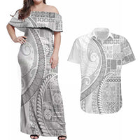 Samoa Siapo White Sunday Couples Matching Off Shoulder Maxi Dress and Hawaiian Shirt Lotu Tamaiti Polynesian White Pattern - Polynesian Pride