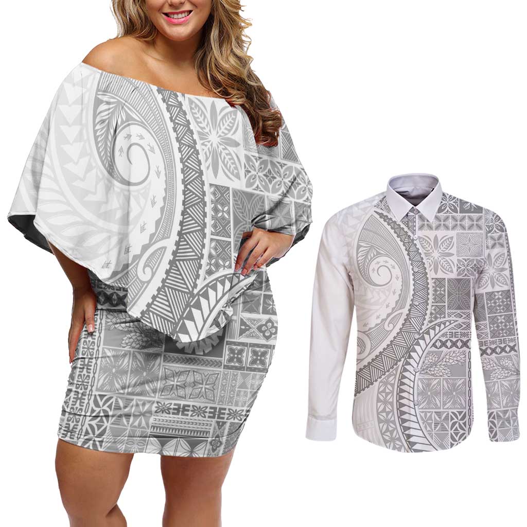 Samoa Siapo White Sunday Couples Matching Off Shoulder Short Dress and Long Sleeve Button Shirt Lotu Tamaiti Polynesian White Pattern - Polynesian Pride