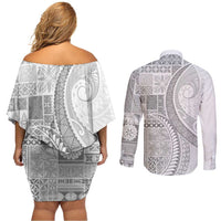 Samoa Siapo White Sunday Couples Matching Off Shoulder Short Dress and Long Sleeve Button Shirt Lotu Tamaiti Polynesian White Pattern - Polynesian Pride