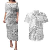 Samoa Siapo White Sunday Couples Matching Puletasi and Hawaiian Shirt Lotu Tamaiti Polynesian White Pattern - Polynesian Pride