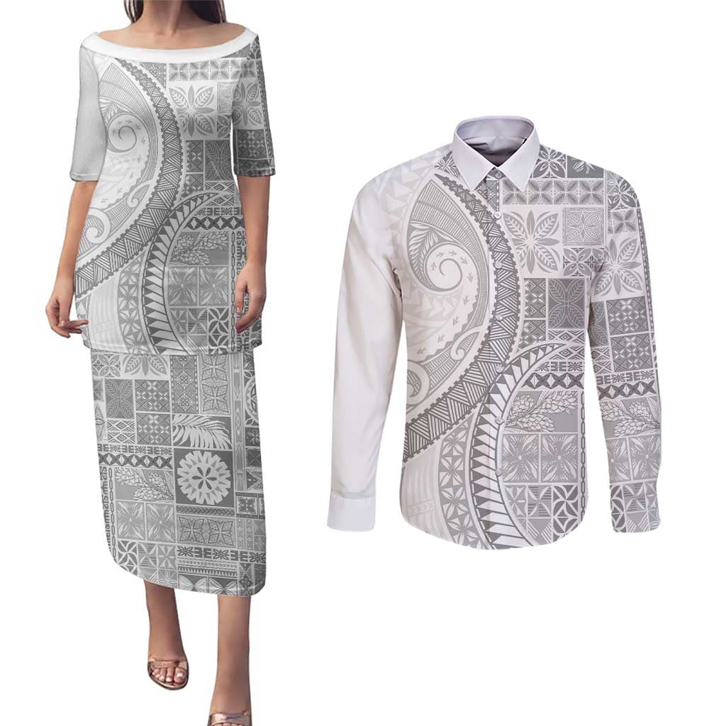 Samoa Siapo White Sunday Couples Matching Puletasi and Long Sleeve Button Shirt Lotu Tamaiti Polynesian White Pattern - Polynesian Pride