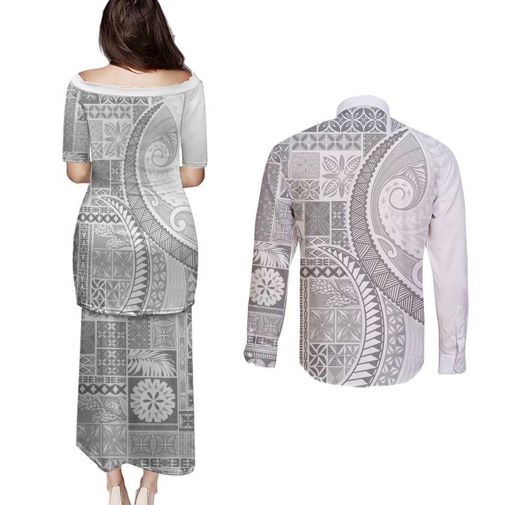 Samoa Siapo White Sunday Couples Matching Puletasi and Long Sleeve Button Shirt Lotu Tamaiti Polynesian White Pattern - Polynesian Pride