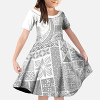 Samoa Siapo White Sunday Family Matching Long Sleeve Bodycon Dress and Hawaiian Shirt Lotu Tamaiti Polynesian White Pattern - Polynesian Pride