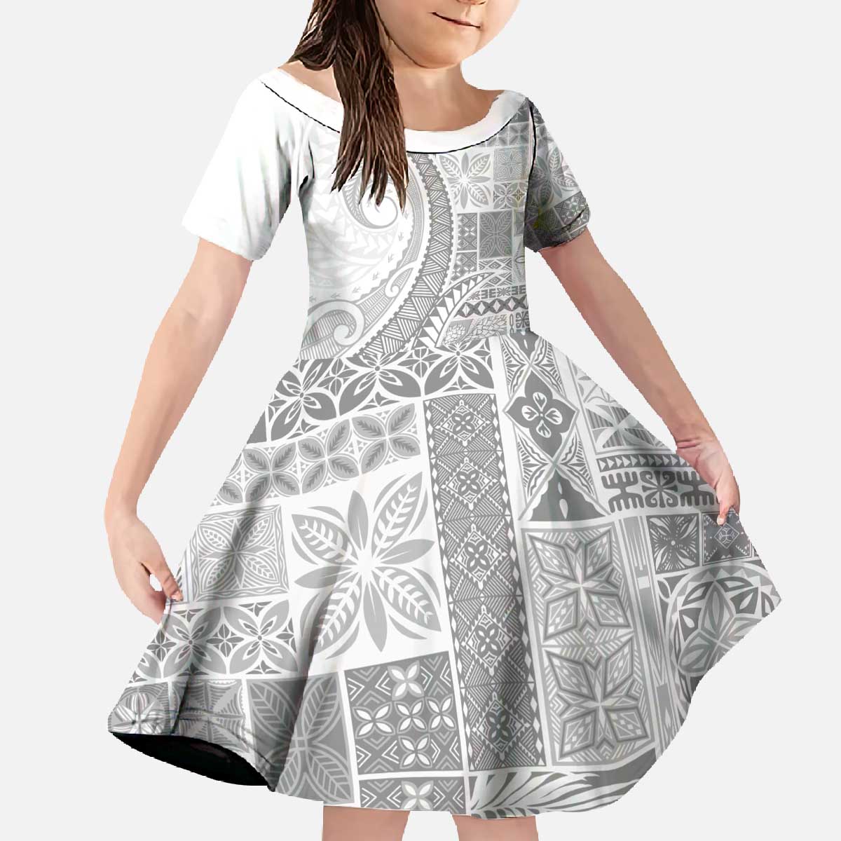 Samoa Siapo White Sunday Family Matching Off The Shoulder Long Sleeve Dress and Hawaiian Shirt Lotu Tamaiti Polynesian White Pattern - Polynesian Pride