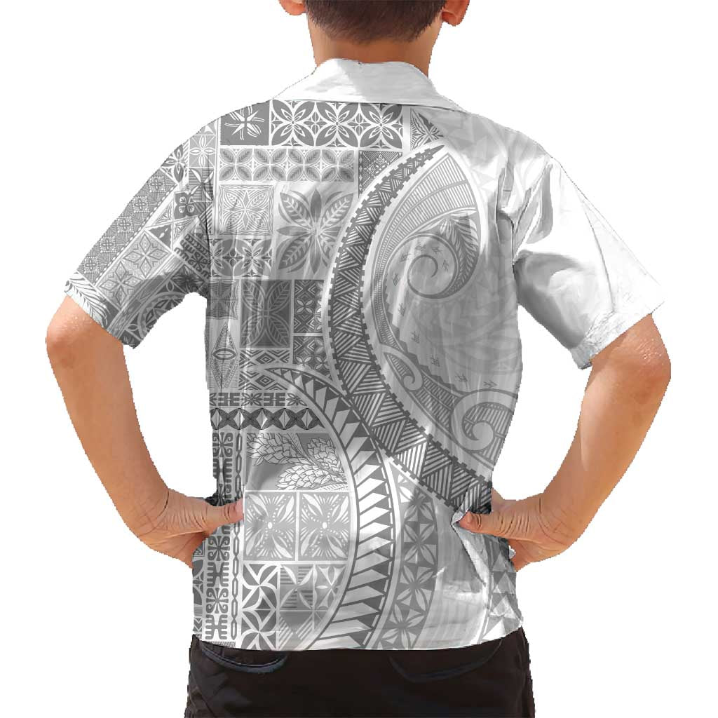 Samoa Siapo White Sunday Family Matching Off Shoulder Short Dress and Hawaiian Shirt Lotu Tamaiti Polynesian White Pattern - Polynesian Pride