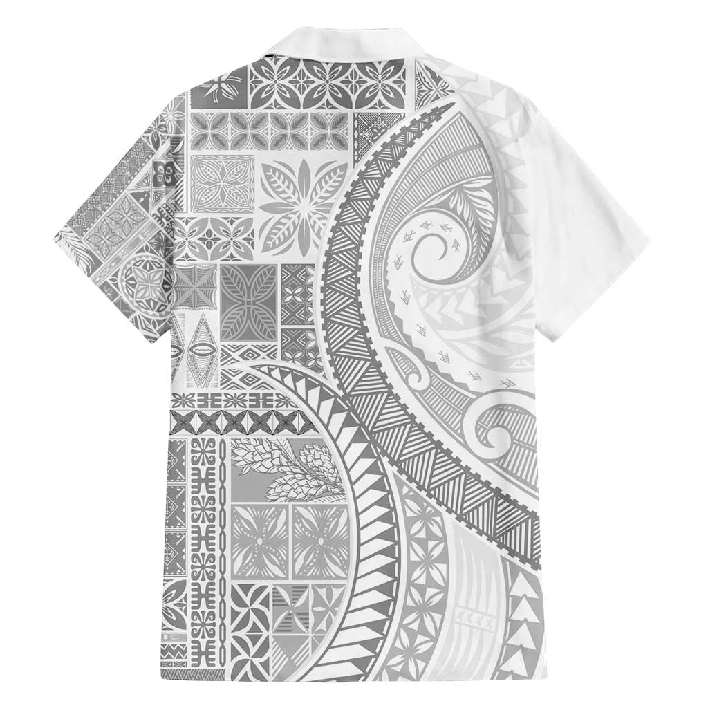 Samoa Siapo White Sunday Family Matching Off Shoulder Short Dress and Hawaiian Shirt Lotu Tamaiti Polynesian White Pattern - Polynesian Pride