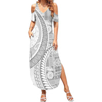 Samoa Siapo White Sunday Family Matching Summer Maxi Dress and Hawaiian Shirt Lotu Tamaiti Polynesian White Pattern - Polynesian Pride