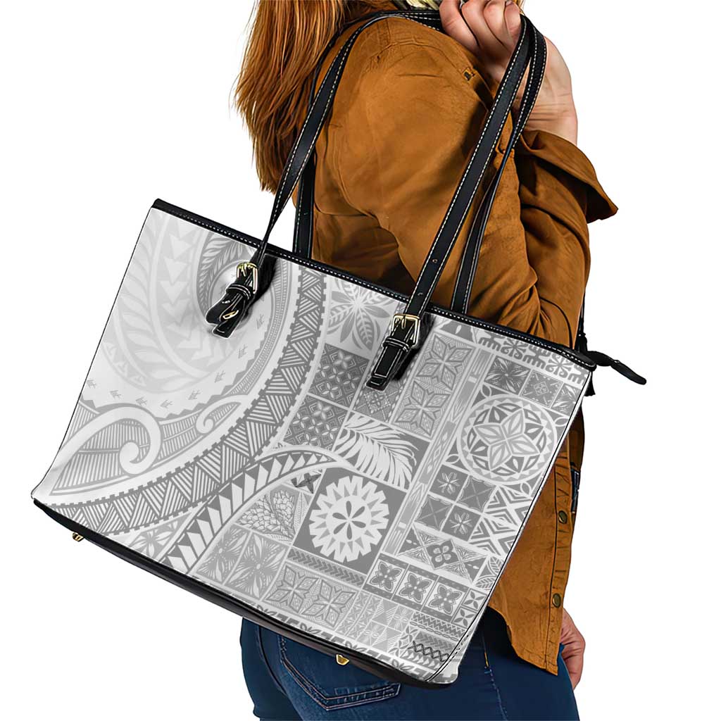 Samoa Siapo White Sunday Leather Tote Bag Lotu Tamaiti Polynesian White Pattern - Polynesian Pride