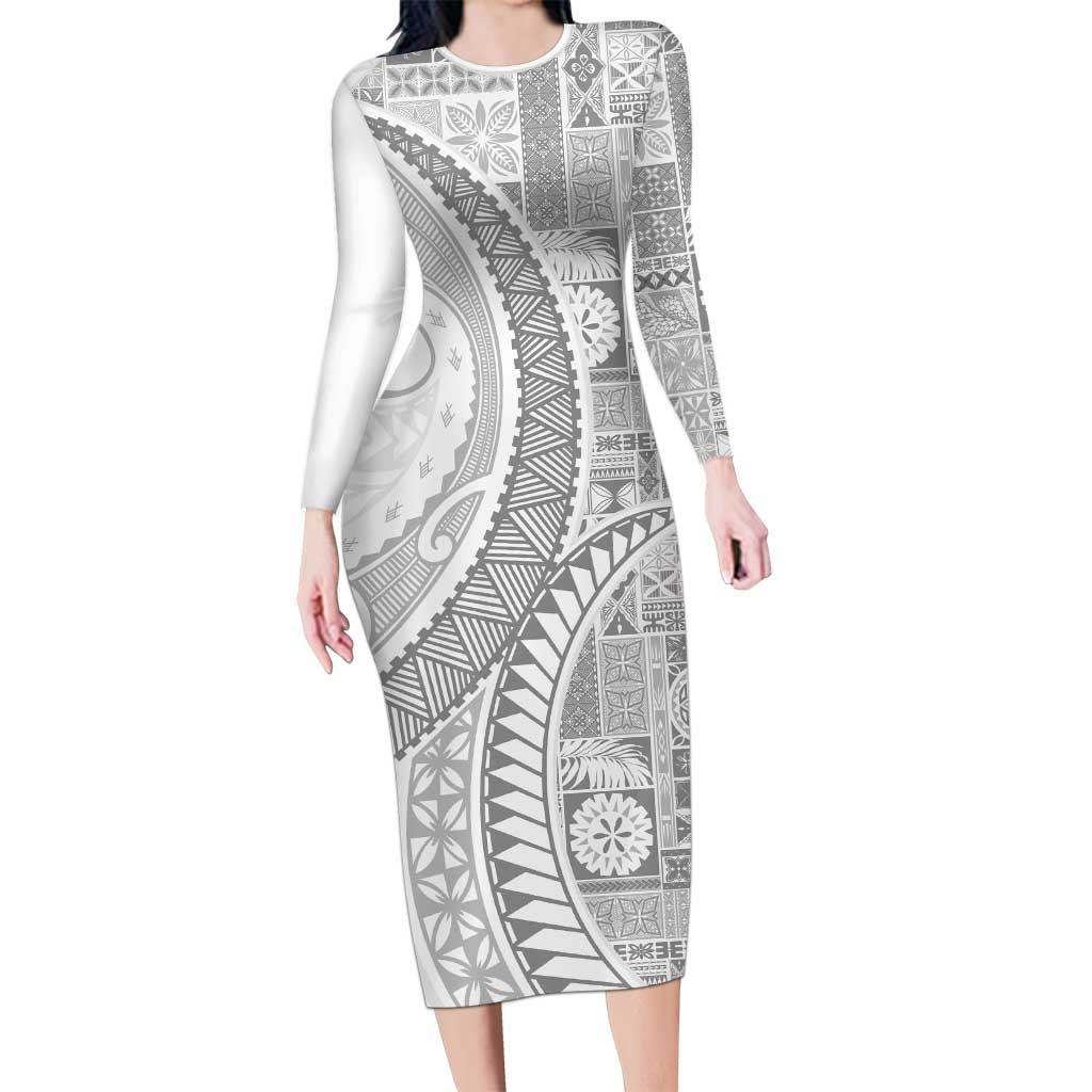 Samoa Siapo White Sunday Long Sleeve Bodycon Dress Lotu Tamaiti Polynesian White Pattern - Polynesian Pride