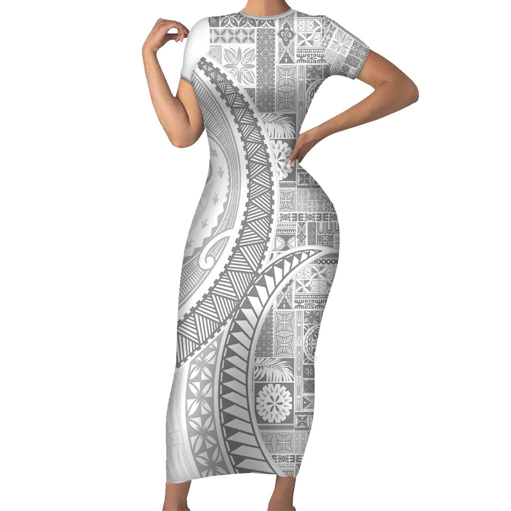 Samoa Siapo White Sunday Short Sleeve Bodycon Dress Lotu Tamaiti Polynesian White Pattern - Polynesian Pride