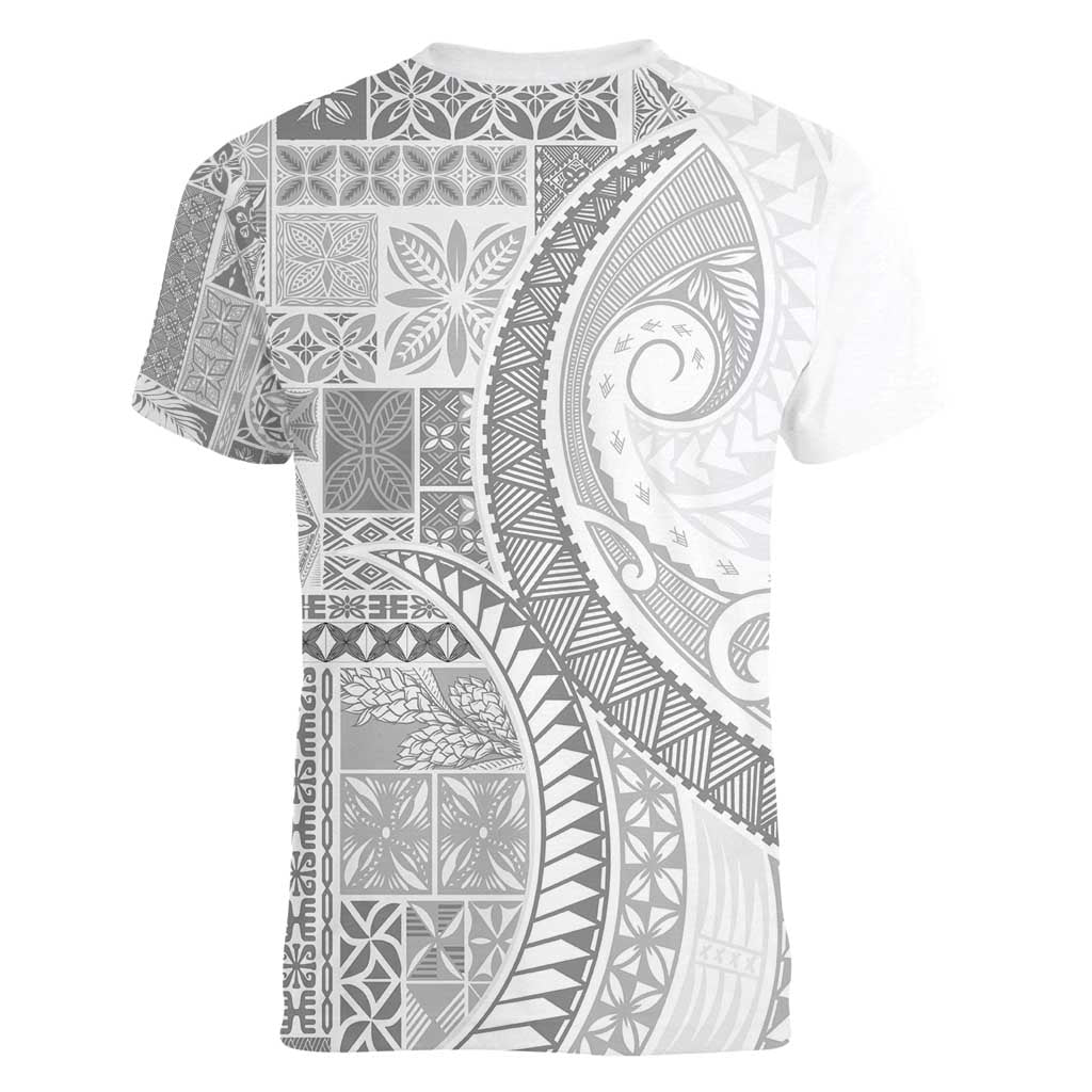 Samoa Siapo White Sunday Women V-Neck T-Shirt Lotu Tamaiti Polynesian White Pattern - Polynesian Pride